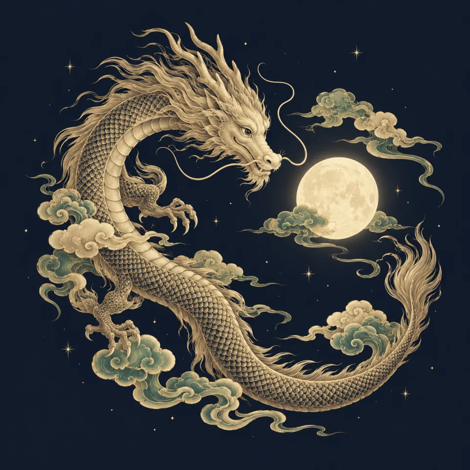 A gold Chinese dragon curling among traditional clouds beneath the moon